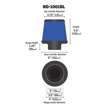 K&N FILTER RG-1001BL K&N High-Flow Original Lifetime Universal Clamp-On Air Filter: Performance, Premium, Washable: Flange Diameter: 4 In, Filter Height: 5.5 In, Flange Length: 1.125 In, Shape: Round Tapered, RG-1001BL