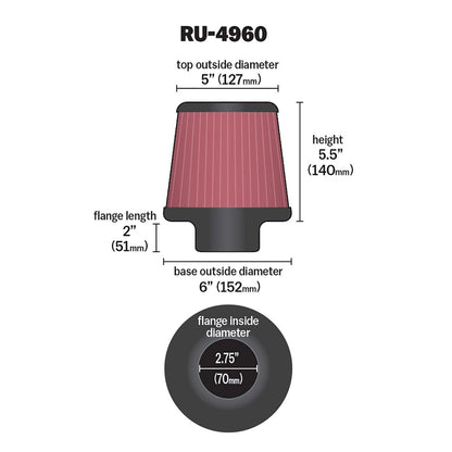 K&N FILTER RU-4960 K&N High-Flow Original Lifetime Universal Clamp-On Air Filter: High Performance, Premium, Washable: Flange Diameter: 2.75 In, Filter Height: 5.5 In, Flange Length: 2 In, Shape: Round Tapered, RU-4960