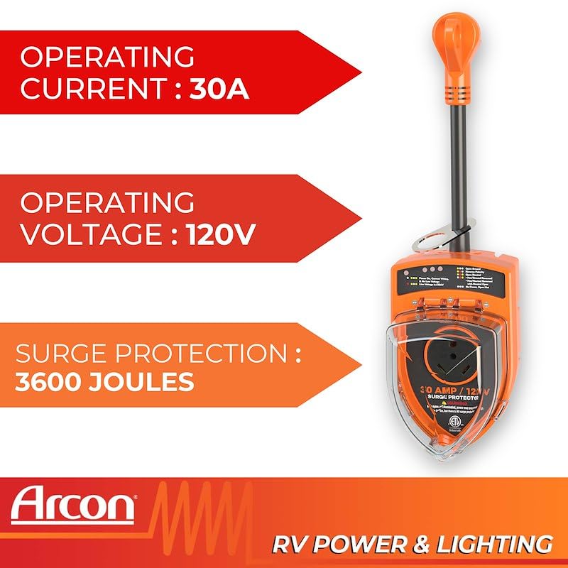 ARCON 19758 Arcon 19758 Portable 30 Amp 120 Volt RV Surge Protector with CETL Certification, 3600 Joules Power Surge Protection, Low Voltage & Fault Indicator Lights, Lock and 36 Inch Cable Included