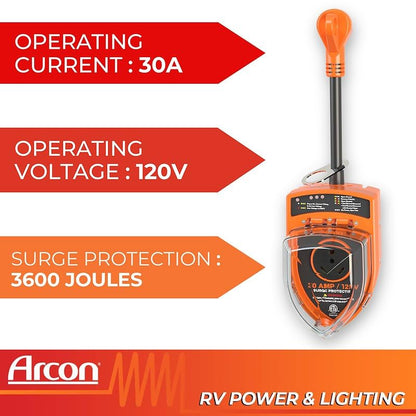 ARCON 19758 Arcon 19758 Portable 30 Amp 120 Volt RV Surge Protector with CETL Certification, 3600 Joules Power Surge Protection, Low Voltage & Fault Indicator Lights, Lock and 36 Inch Cable Included