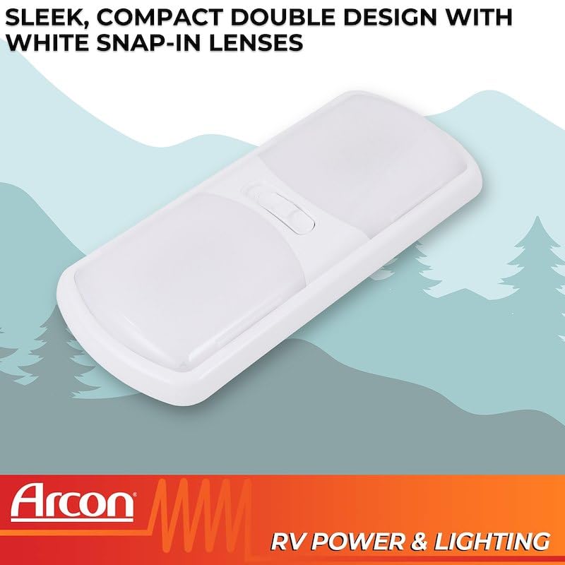 ARCON 20714N Arcon 20714N LED Ceiling Double Light – Euro-Style 12V Soft White Dome Fixture with White Lens, 11.56 x 4.95 Inch, 3-Position Switch, Compact Interior Lighting for RV, Camper, Trailer