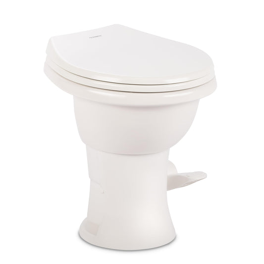 DOMETIC 9610008259 Dometic Model 410 Complete RV Toilet – Round Porcelain Bowl, Universal Fit & 2-Bolt Mount, 18" Chair Height Residential-Style, Gravity Flush Toilet with Soft-Close Seat, White (9610008259)