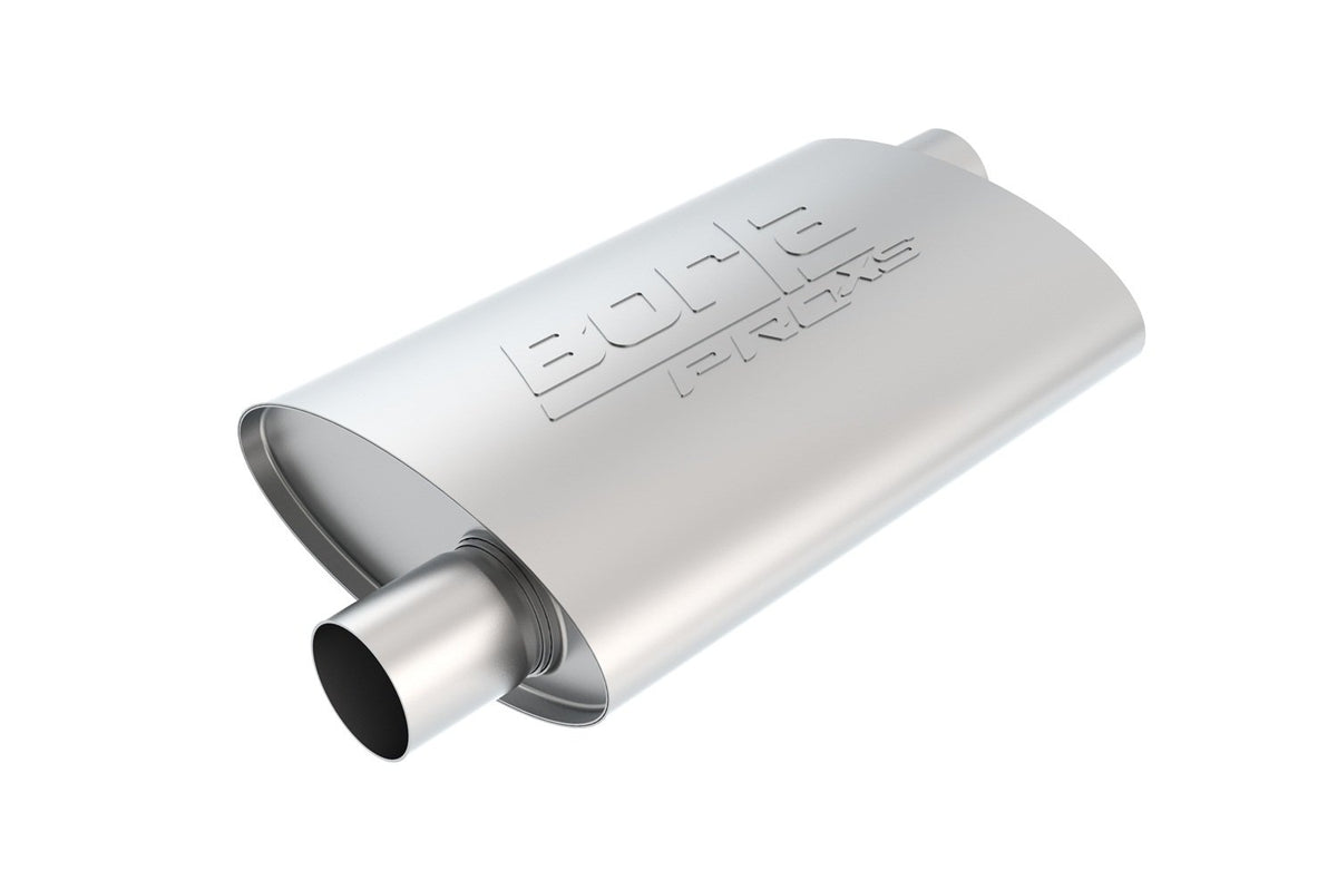 BORLA 40353 BORLA 40353 ProXS Universal Performance Muffler 3" Offset Inlet / 3" Offset Outlet 4" x 9.5" Oval x 14" Long body 19" Overall Length Un-Notched Necks Reversible DesignT-304 Stainless Steel