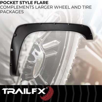 TRAILFX TFC3000S Trail FX Fender Flare TFC3000S Pocket Style Black Smooth Finish 2 Inch Front and 2 Inch Rear Tire Coverage Polypropylene Fits 1999-2006 Chevrolet/GMC Silverado/Sierra 1500/2500/3500