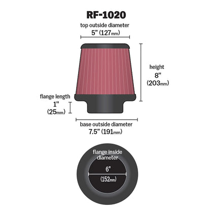 K&N FILTER RF-1020 K&N High-Flow Original Lifetime Universal Clamp-On Air Filter: High Performance, Premium, Washable: Flange Diameter: 6 In, Filter Height: 8 In, Flange Length: 1 In, Shape: Round Tapered, RF-1020
