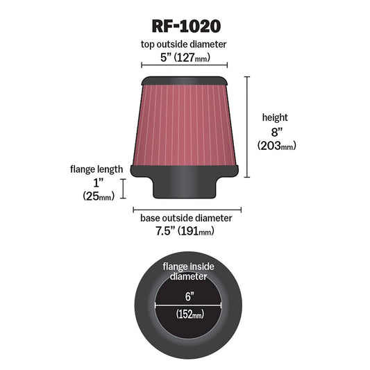 K&N FILTER RF-1020 K&N High-Flow Original Lifetime Universal Clamp-On Air Filter: High Performance, Premium, Washable: Flange Diameter: 6 In, Filter Height: 8 In, Flange Length: 1 In, Shape: Round Tapered, RF-1020