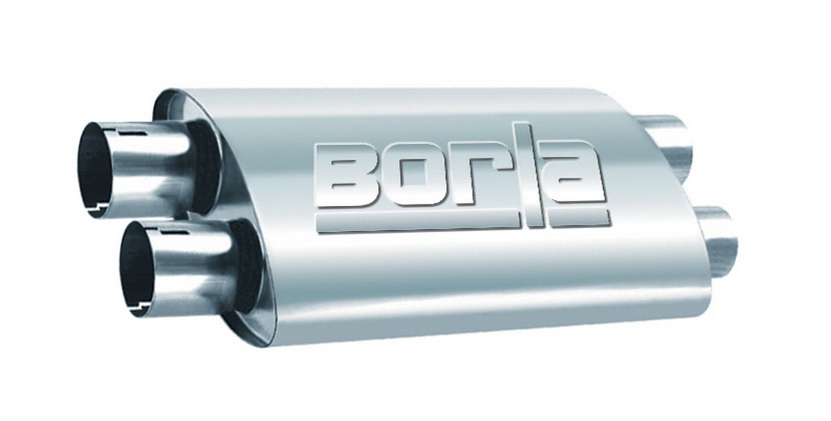 BORLA 400287 BORLA 400287 ProXS ProXS Muffler 2.25" Dual Inlet/ 2.25" Dual Outlet, 4" x 9.5" Oval, 19" Long Body, 24" Overall Length. Internal X-Pipe. Universal Part. Reversible Design.