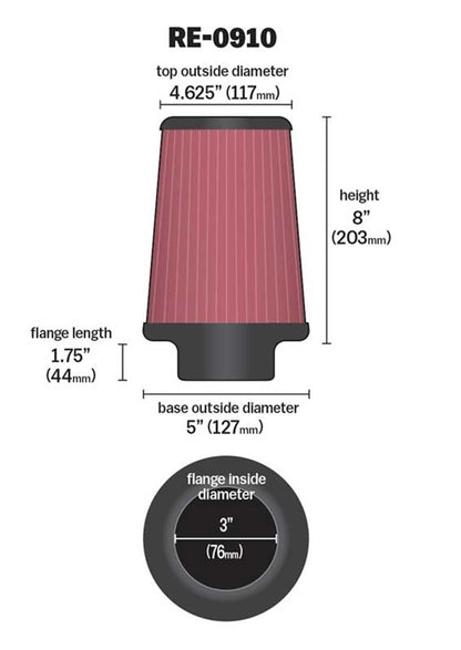 K&N FILTER RE-0910 K&N High-Flow Original Lifetime Universal Clamp-On Air Filter: High Performance, Premium, Washable: Flange Diameter: 3 In, Filter Height: 8 In, Flange Length: 1.75 In, Shape: Round Tapered, RE-0910