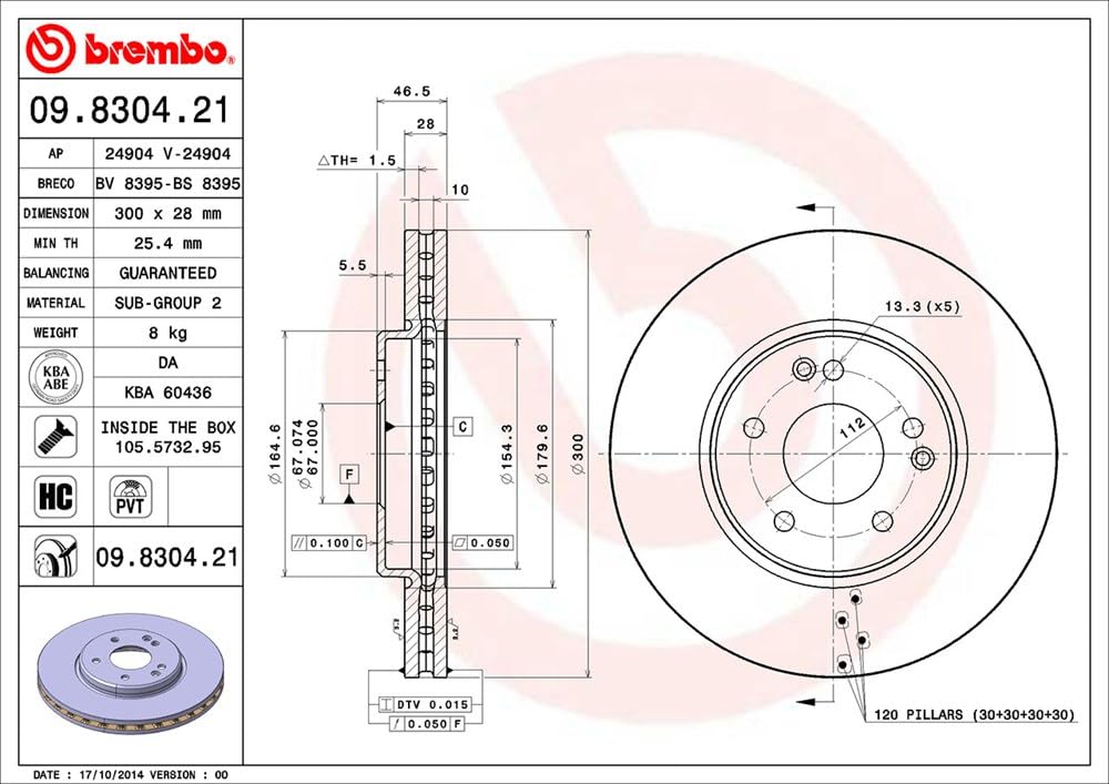 BREMBO 09830421C02 Brembo 09.8304.21 UV Coated Pillar Vented Front Brake Rotor MERCEDES-BENZ OE# A2034210512