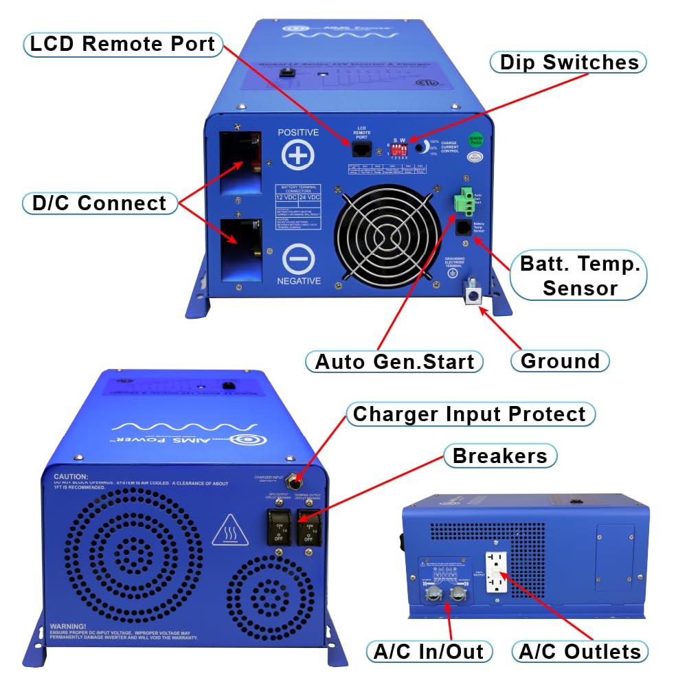 AIMS POWER PICOGLF3K12050BY AIMS 3000W 12V Pure Sine Inverter Charger w Transfer Switch 120/240V ETL
