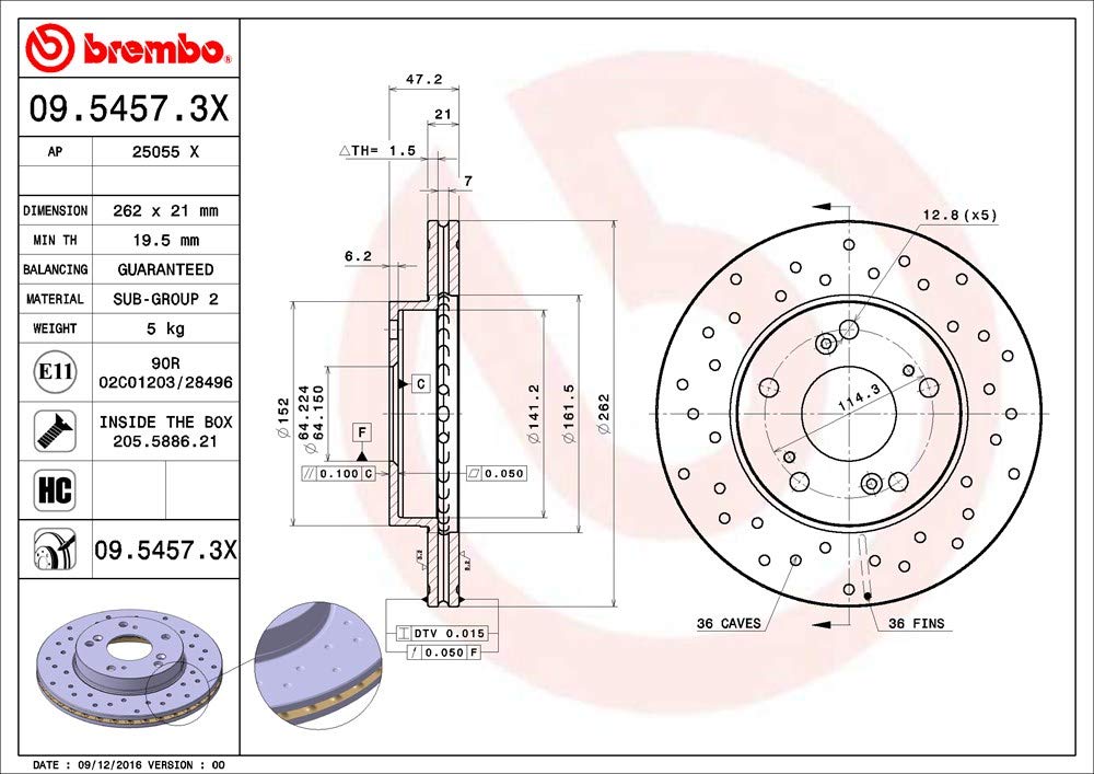BREMBO 0954573XC02 Brembo 09.5457.3X Xtra UV Coated vented drilled Front Brake Rotor ACURA/CIIMO/HONDA/HONDA (DONGFENG) OE# 45251SNA000