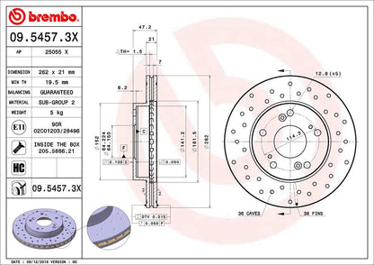 BREMBO 0954573XC02 Brembo 09.5457.3X Xtra UV Coated vented drilled Front Brake Rotor ACURA/CIIMO/HONDA/HONDA (DONGFENG) OE# 45251SNA000