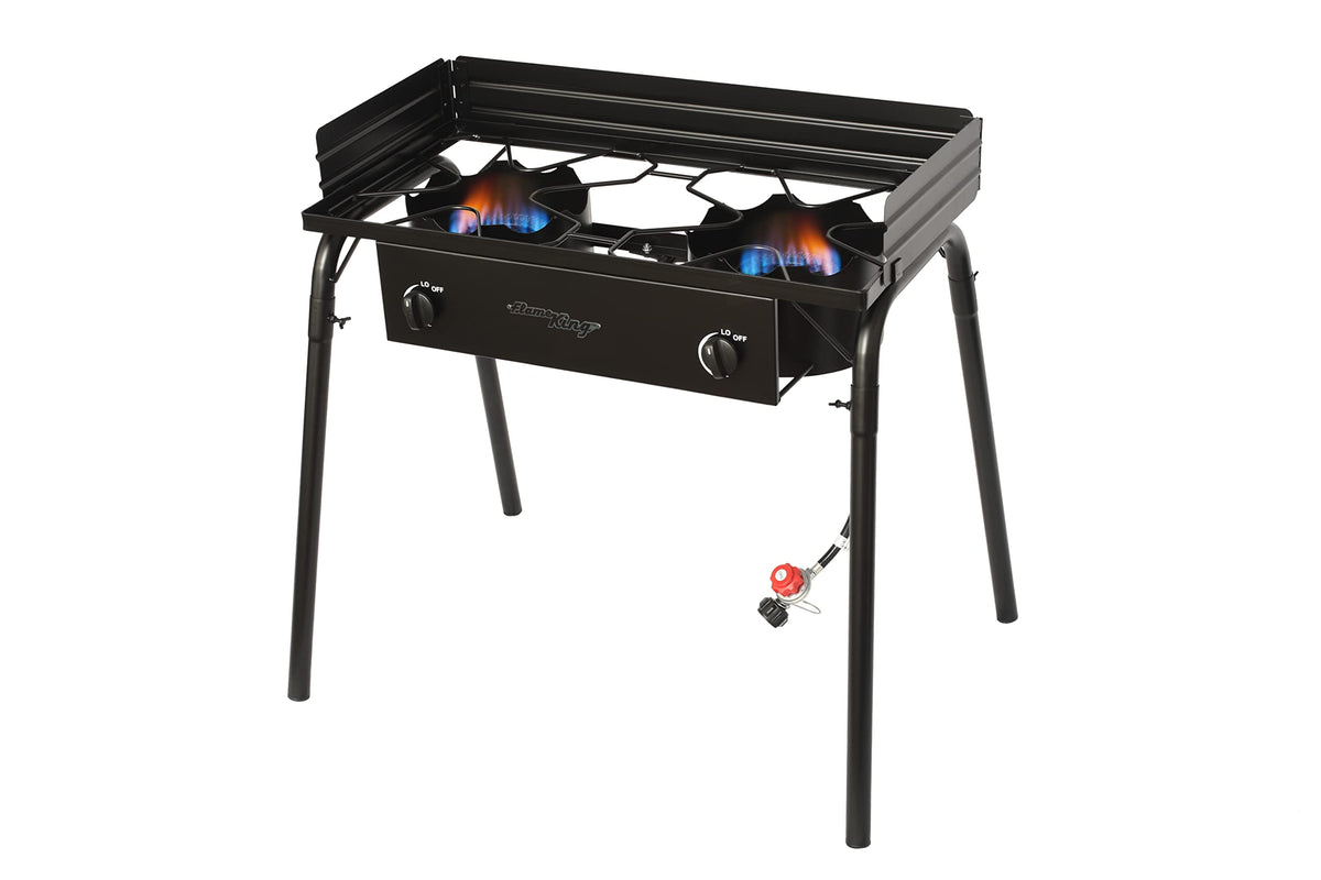 FLAME KING YSN-DB60K Flame King Outdoor Propane Double Dual Burner Stove 200K BTU Turkey Fryer/Camp Cooker, Portable with Stand Great for Backyard Cooking, Home Brewing & Canning