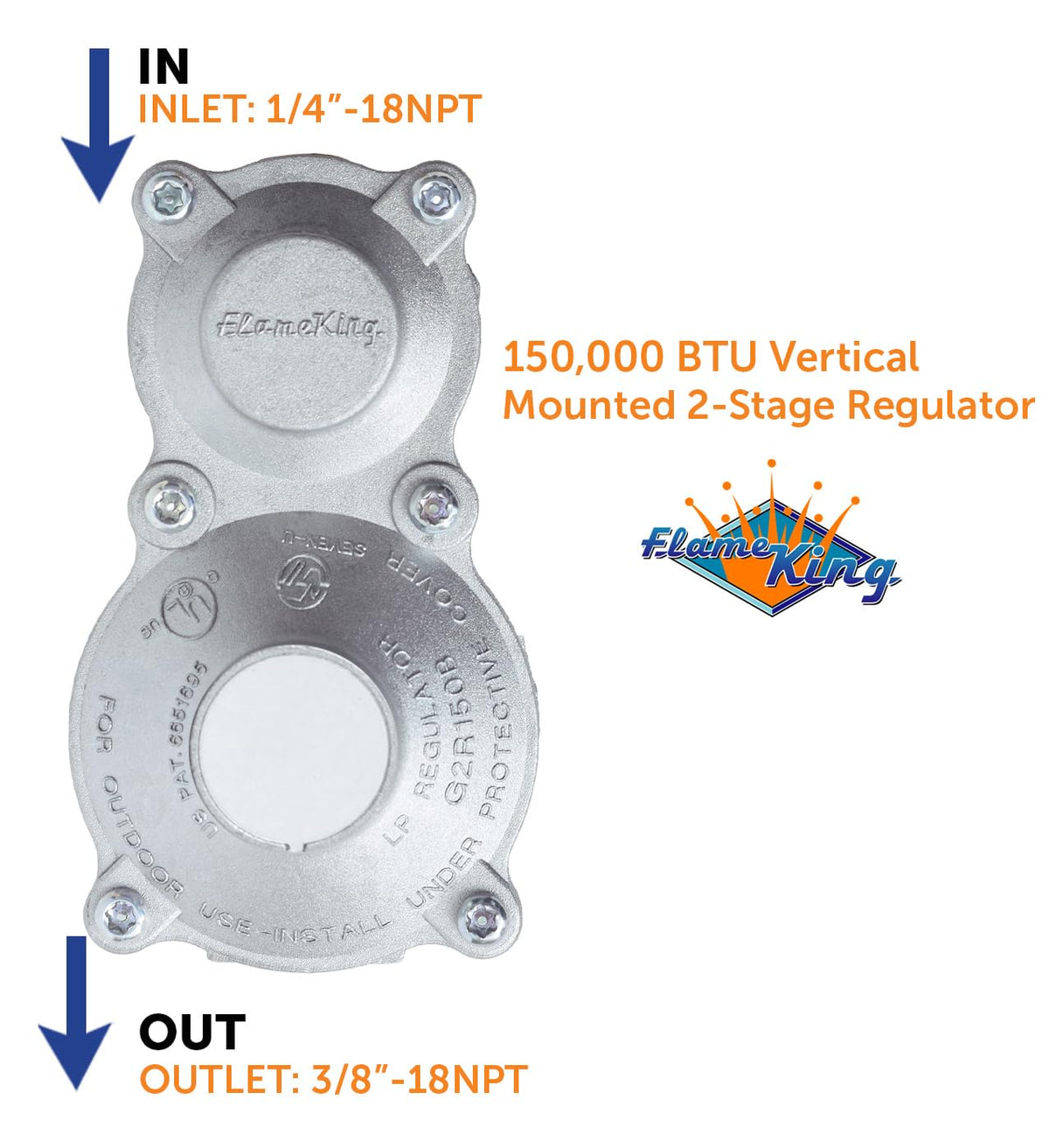 FLAME KING G2R150B Flame King 150,000 BTU Vertical Mounted 2-Stage Propane LP Regulator for RVs, Vans, Trailers, Campers, 100LB Tanks, ASME Tanks, Generators