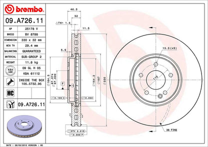 BREMBO 09A72611C02 Brembo 09.A726.11 UV Coated Front Disc Brake Rotor