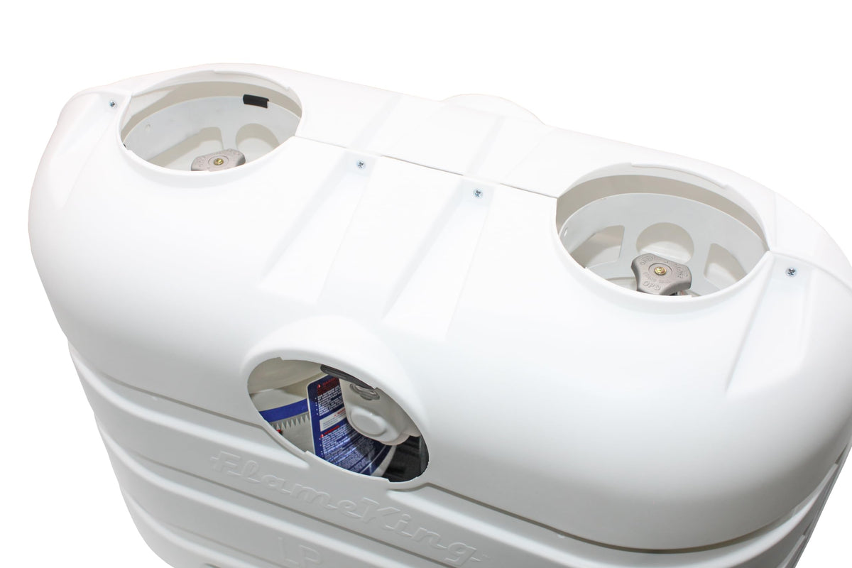 FLAME KING YSN-PCC-RV30-WHT Flame King Dual 30LB LP Propane Tank Light Plastic Heavy Duty Cover for RV, Travel Trailer, Camper - White