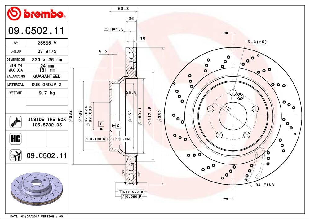BREMBO 09C50211C02 Brembo 09.C502.11 UV Coated vented drilled Rear Brake Rotor MERCEDES-BENZ OE# A2114231012