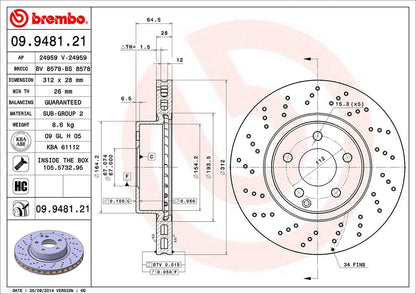 BREMBO 09948121C02 Brembo 09.9481.21 UV Coated vented drilled Front Brake Rotor MERCEDES-BENZ OE# A2304210412