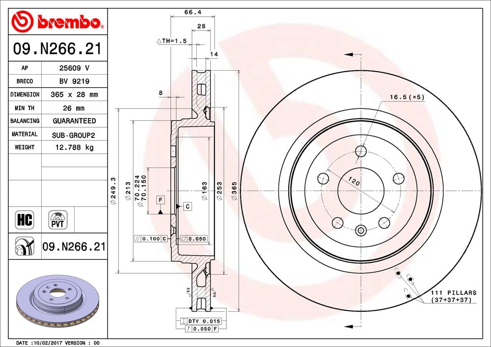 BREMBO 09N26621C02 Brembo 09.N266.21 UV Coated Pillar Vented Brake Rotor TESLA OE# 6006431