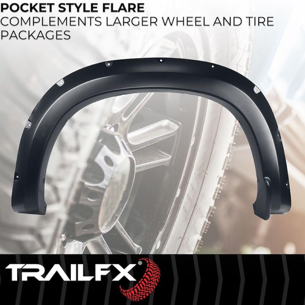 TRAILFX TFC3005S TrailFX TFC3005S Pocket Style Fender Flares for Chevrolet Silverado 1500 2019-2025 Black Smooth Paintable Polypropylene Set of 4 with Stainless and Black Steel Rivets
