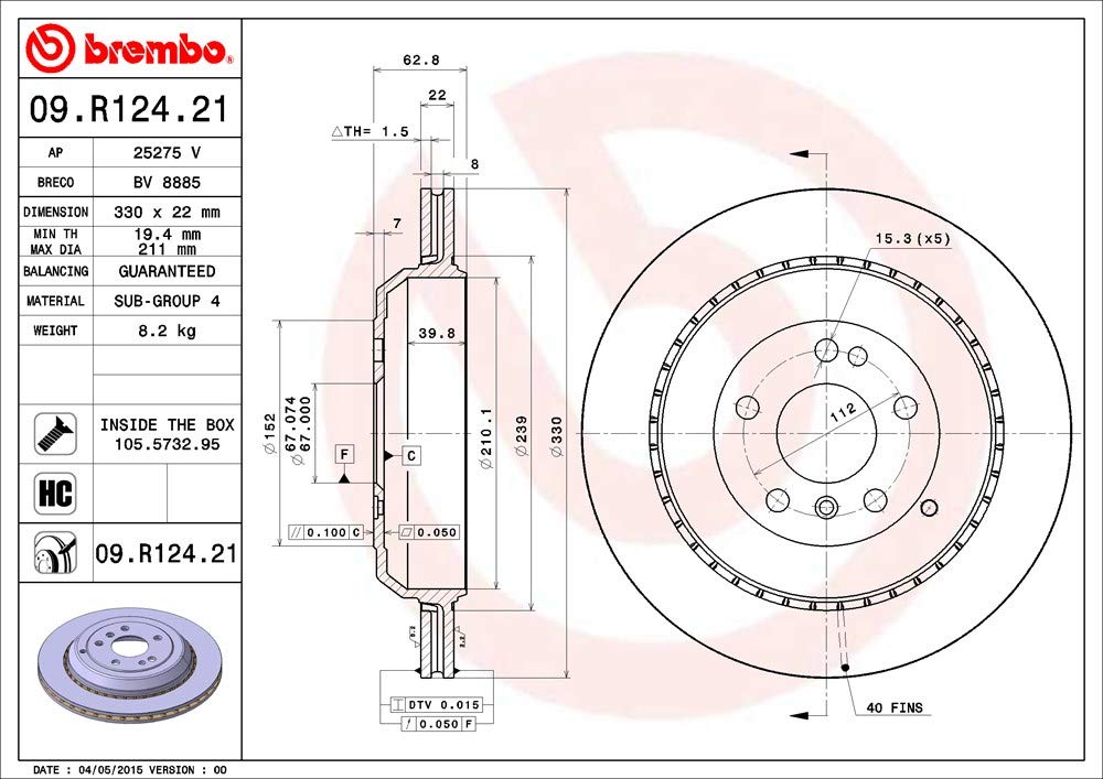 BREMBO 09.R124.21 Brembo 09.R124.21 UV Coated vented Rear Brake Rotor MERCEDES-BENZ OE# A1644230612