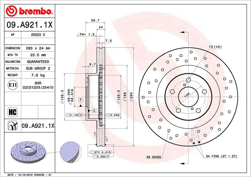 BREMBO 09A9211XC02 Brembo 09.A921.1X Xtra UV Coated vented drilled Front Brake Rotor SUBARU/TOYOTA OE# 26300SA000