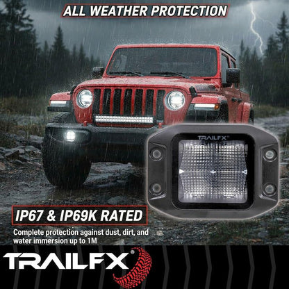 TRAILFX 2X2FMBKF1 Trailfx Driving/Fog Light 2X2FMBKF1, LED Bulb, 4 Clear LED 10 Watt Bulbs, 3 Inch Square, 90 Degree Flood Beam, Clear Lens, Bracket Mount, 4800 Raw Lumens/ 3320 Effective Lumens, Set Of 2