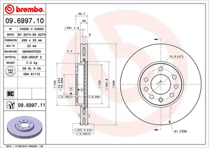 BREMBO 09699711C02 Brembo 09.6997.11 UV Coated vented Front/Rear Brake Rotor BAIC/CHEVROLET/LOTUS/OPEL/SAAB/VAUXHALL OE# 569056