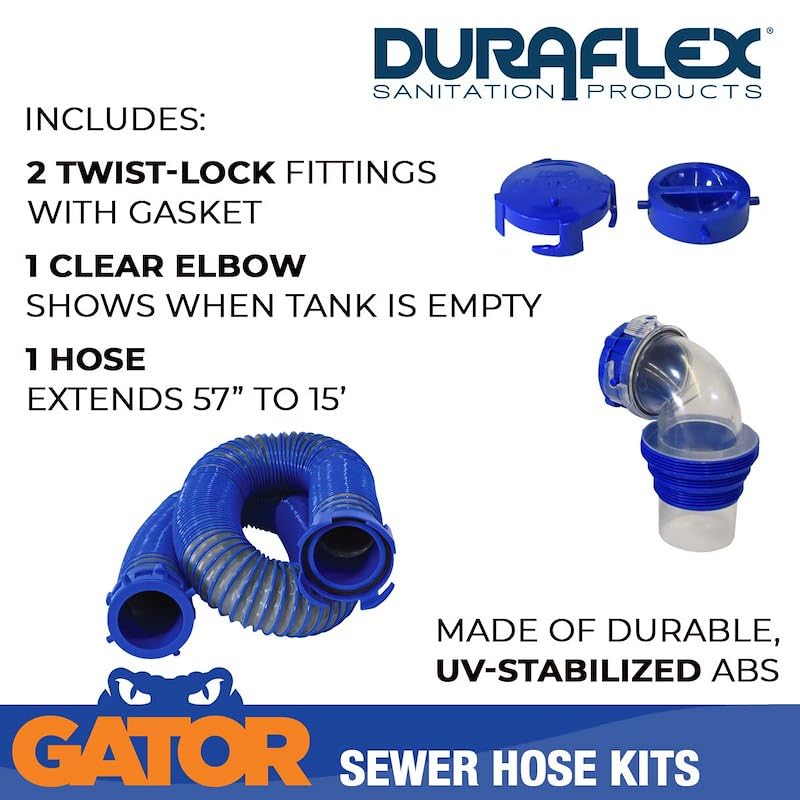 DURAFLEX 22005 Duraflex 22005 Gator 15 Foot Extended Sewer Hose Kit 3 Inch Diameter 24 Mil Polypropylene Polymer Ribbed Construction Charcoal Gray with Clear Elbow and Two Drip Caps