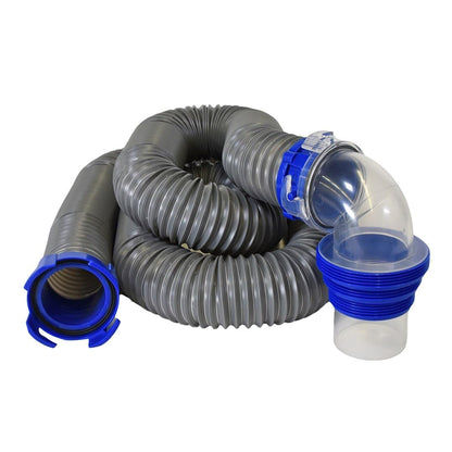 DURAFLEX 22007 Duraflex Gator® Sewer Hose 22007, 30 Ft Extended Len, 106 In Compressed Len, 3 In Hose Dia, 21 Mil Polypropylene With Steel Wire Reinforced Construction, Charcoal Gray, With Four Drip Caps/Clear Elbow