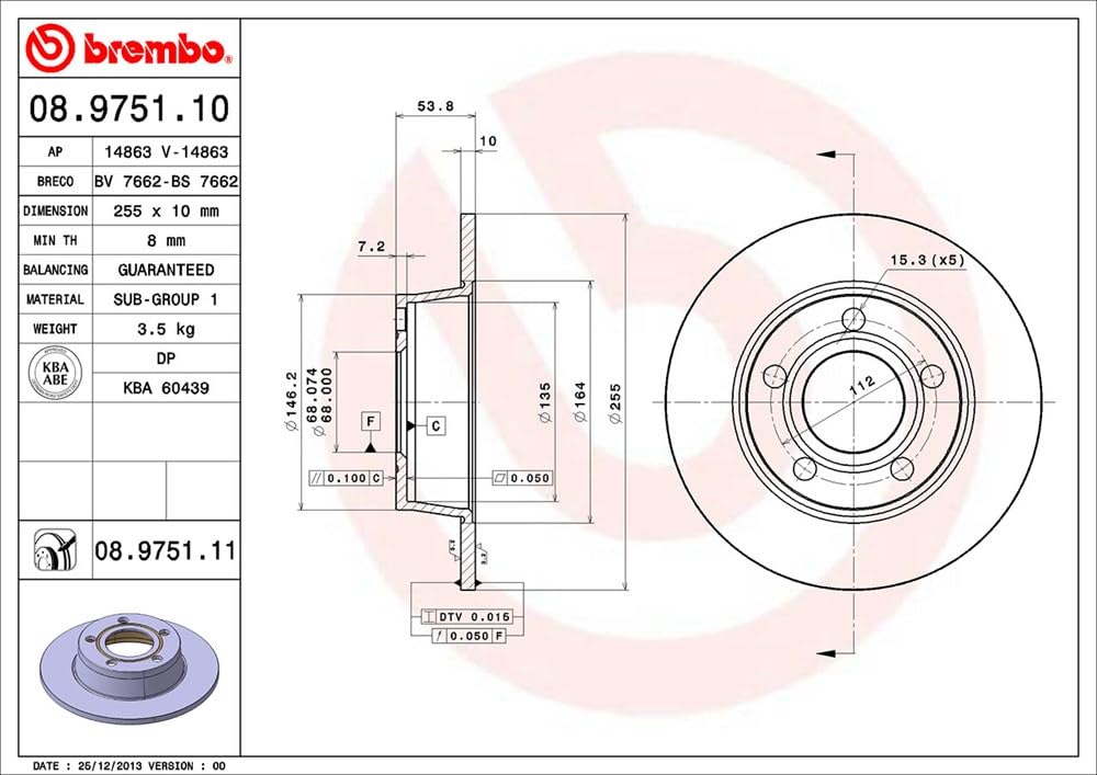 BREMBO 08.9751.11 Brembo 08.9751.11 UV Coated solid Rear Brake Rotor AUDI OE# 4B0615601A