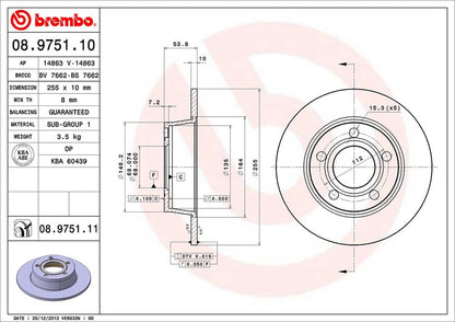 BREMBO 08.9751.11 Brembo 08.9751.11 UV Coated solid Rear Brake Rotor AUDI OE# 4B0615601A