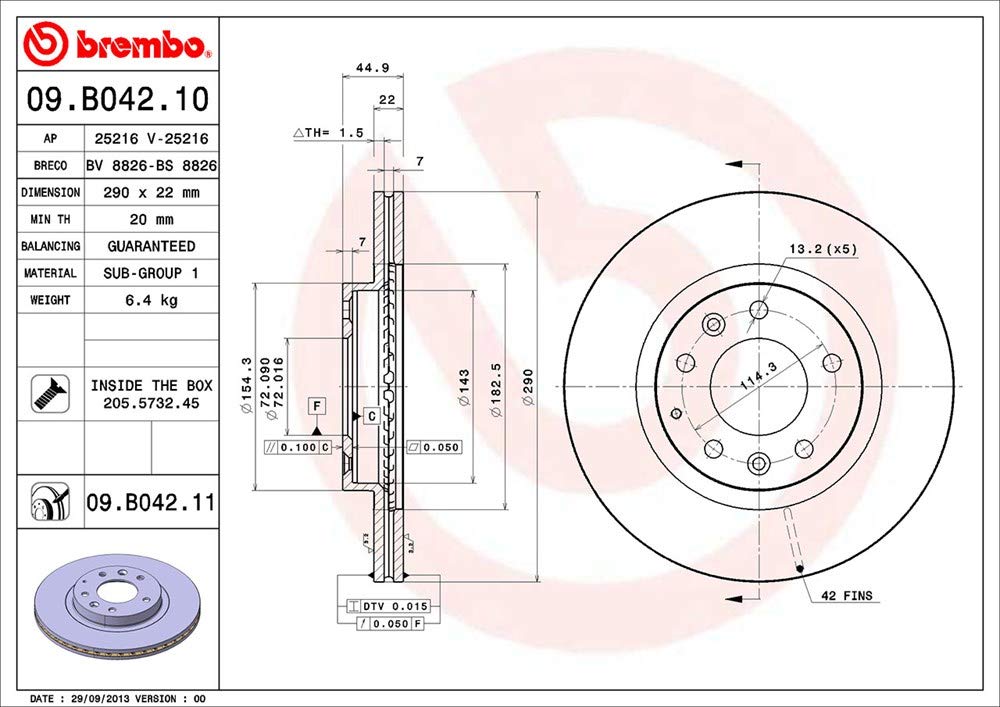 BREMBO 09.B042.11 Brembo 09.B042.11 UV Coated vented Front Brake Rotor MAZDA OE# N12Y3325XB