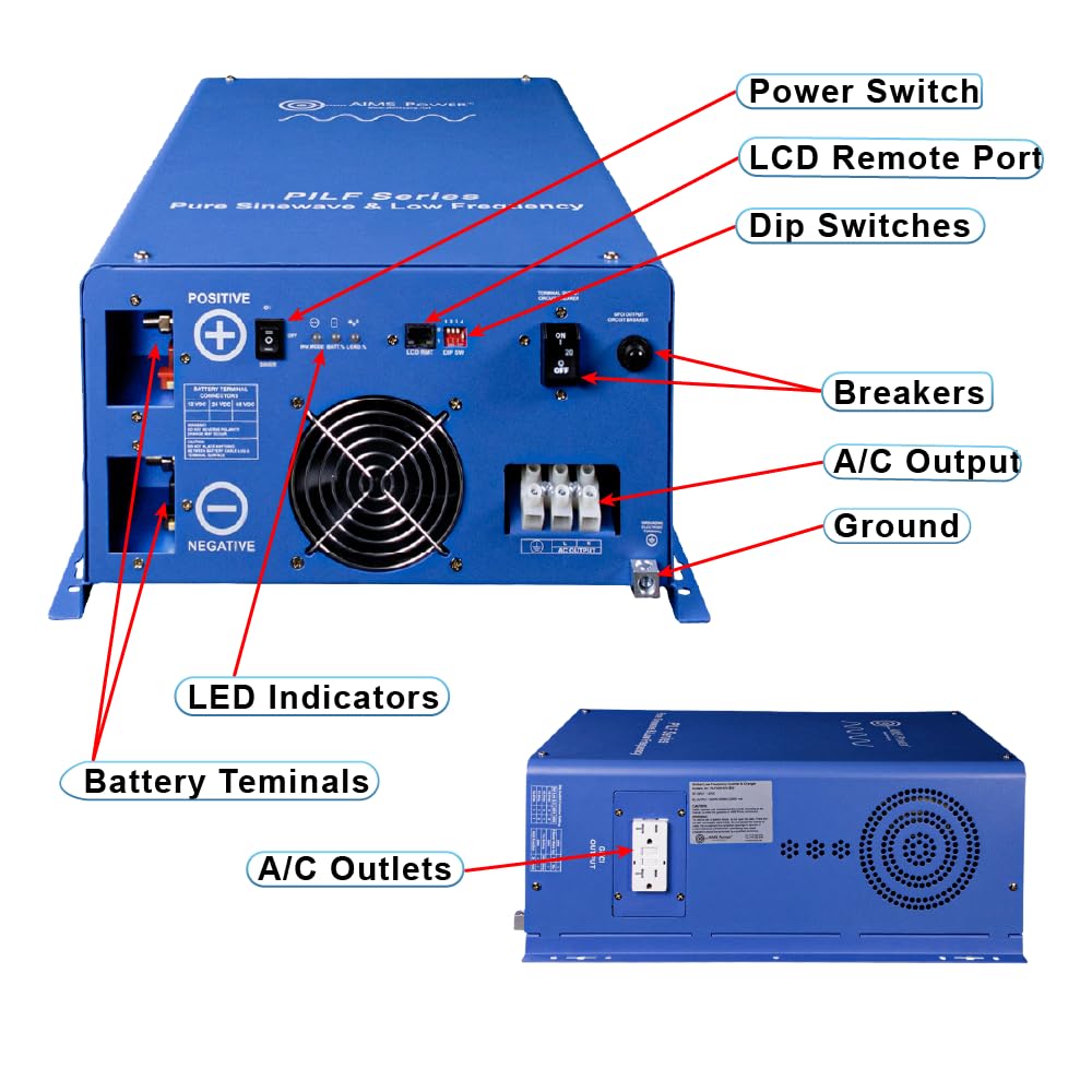 AIMS POWER PILF20W12V120V AIMS 2000 Watt 12V Low Frequency Pure Sine Inverter 6000W Surge ETL