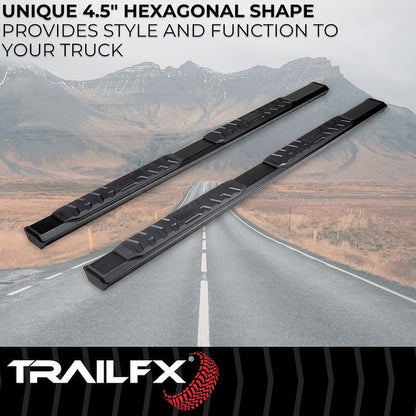 TRAILFX AL4027B TrailFX Nerf Bar AL4027B, 4-1/2 Inch Hexagonal Straight, with Step Pads, Rocker Panel Mount, Powder Coated, Black, Aluminum, with Plastic End Caps/Bracket Covers, Fits 2025 Toyota 4Runner