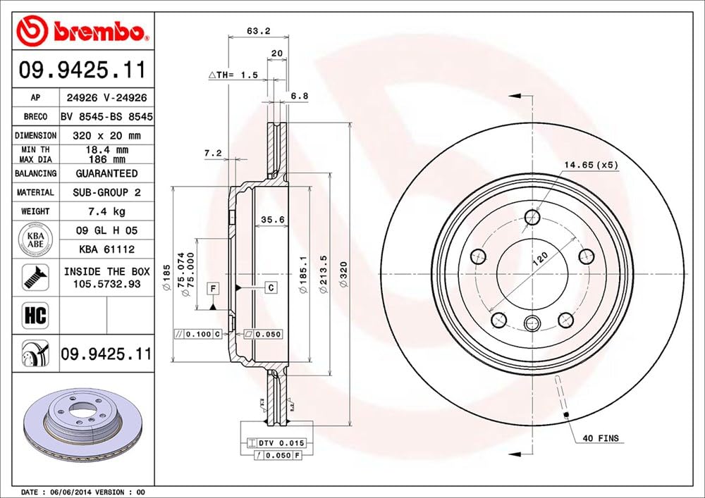 BREMBO 09942511C02 Brembo 09.9425.11 UV Coated vented Rear Brake Rotor BMW/BMW (BRILLIANCE) OE# 34216772085