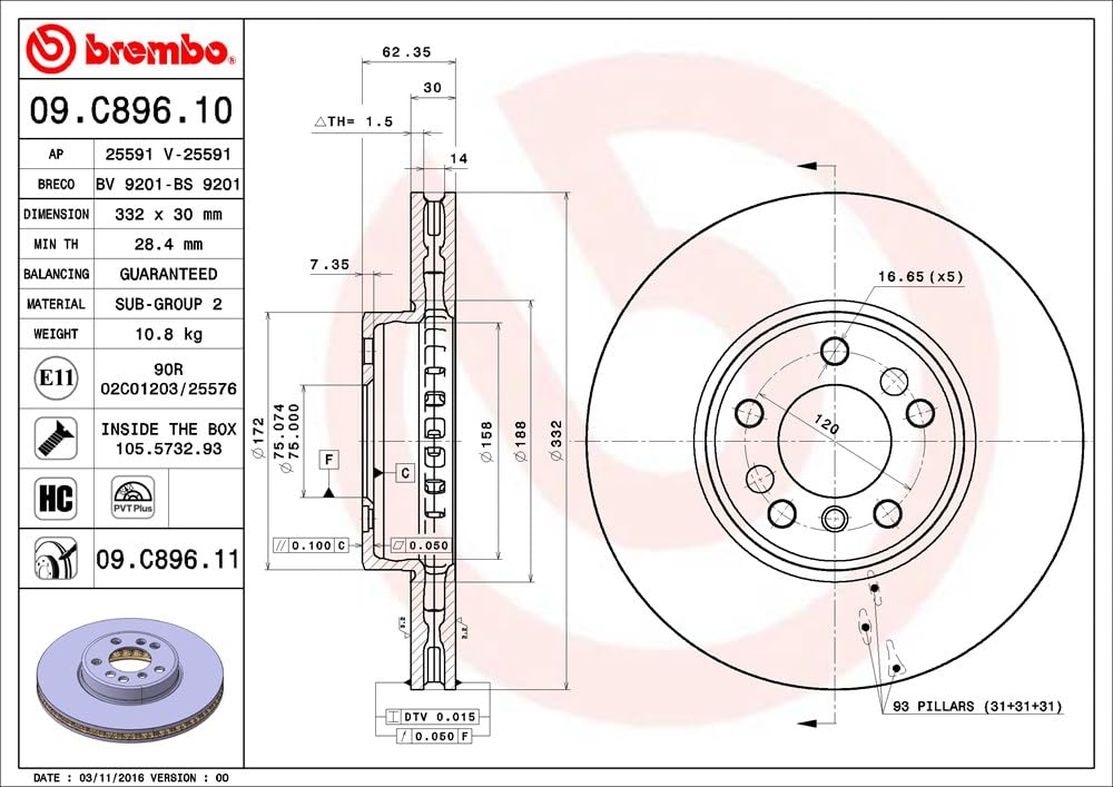 BREMBO 09C89611C02 Brembo 09.C896.11 UV Coated Pillar Vented Front Brake Rotor BMW OE# 34116794304