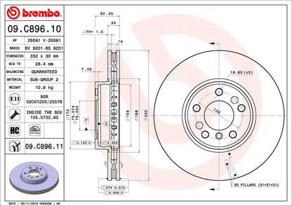 BREMBO 09C89611C02 Brembo 09.C896.11 UV Coated Pillar Vented Front Brake Rotor BMW OE# 34116794304