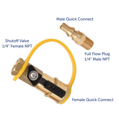 FLAME KING AB226 Flame King 1/4" RV Propane Quick Connect Adapter for Propane Hose, 1/4" Quick Connect or Disconnect Kit - Shutoff Valve & Full Flow Plug - 100% Solid Brass