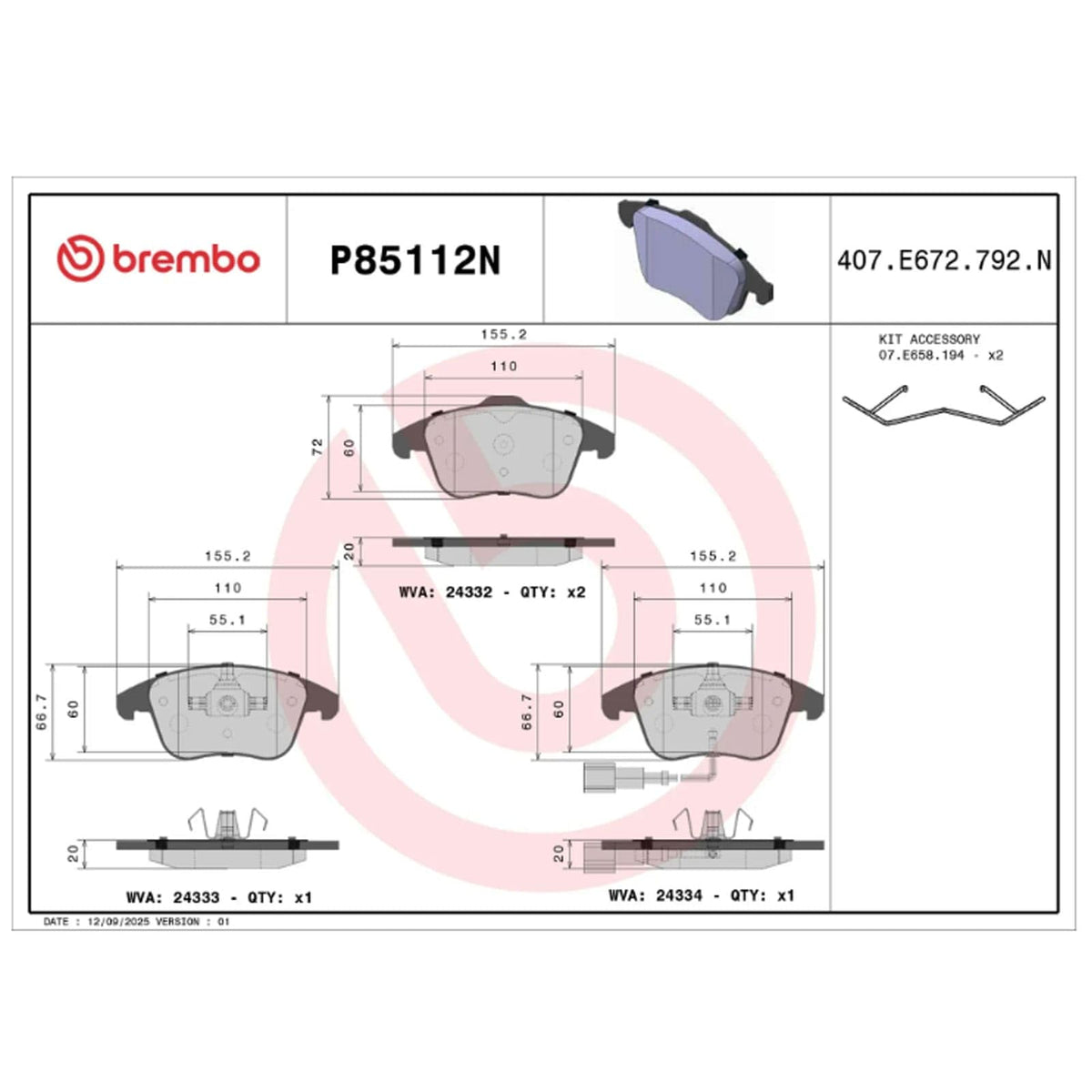 Brembo P85112N Premium Ceramic Front Disc Brake Pad Set