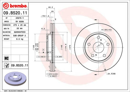 BREMBO 09B52011C02 Brembo 09.B520.11 UV Coated vented Front Brake Rotor LEXUS/TOYOTA OE# 4351242040