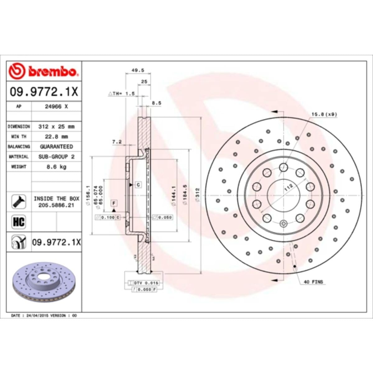 BREMBO 0997721XC02 Brembo 09.9772.1X Xtra UV Coated vented drilled Front Brake Rotor AUDI/AUDI (FAW)/CUPRA/SEAT/SKODA/SKODA (SVW)/VW/VW (FAW)/VW (SVW) OE# 1K0615301AA