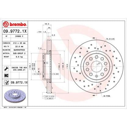 BREMBO 0997721XC02 Brembo 09.9772.1X Xtra UV Coated vented drilled Front Brake Rotor AUDI/AUDI (FAW)/CUPRA/SEAT/SKODA/SKODA (SVW)/VW/VW (FAW)/VW (SVW) OE# 1K0615301AA