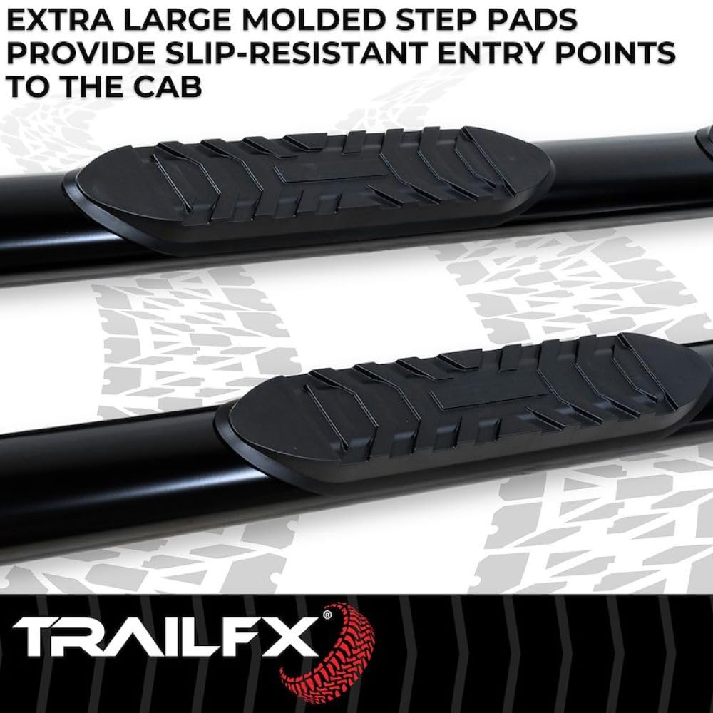 TRAILFX A1548B TrailFX Nerf Bars for Double Cab Chevrolet Silverado 1500 2020-2021 Black Powder Coated Steel 4 Inch Oval Straight Side Steps with Step Pads Welded End Caps Rocker Panel Mount Pair Running Boards