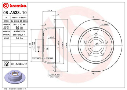 BREMBO 08A53311C02 Brembo 08.A533.11 Rear UV Coated Brake Disc, Set of 2