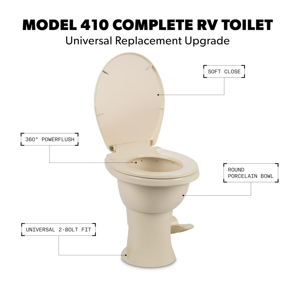 Dometic 9610008260 Dometic Model 410 Complete RV Toilet – Round Porcelain Bowl, Universal Fit & 2-Bolt Mount, 18" Chair Height Residential-Style, Gravity Flush Toilet with Soft-Close Seat, Bone (9610008260)