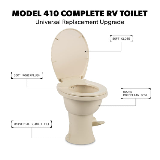 Dometic 9610008260 Dometic Model 410 Complete RV Toilet – Round Porcelain Bowl, Universal Fit & 2-Bolt Mount, 18" Chair Height Residential-Style, Gravity Flush Toilet with Soft-Close Seat, Bone (9610008260)