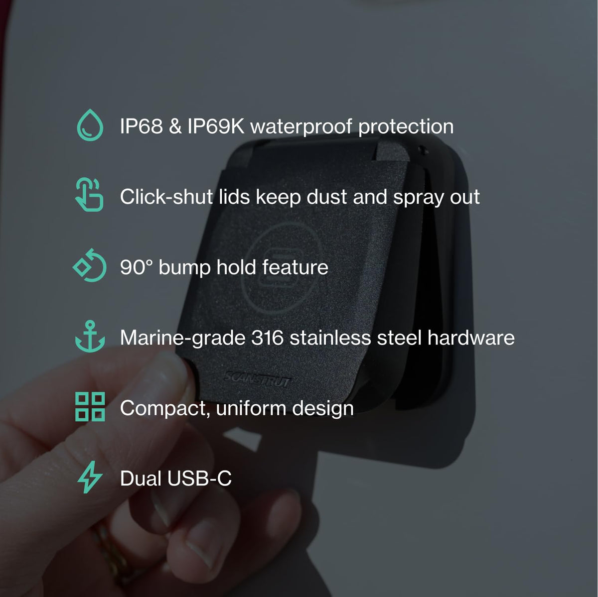 SCANSTRUT SC-V-USB-01 Scanstrut Ventura SC-V-USB-01 Dual USB-C Socket, 60W Fast Charge, IP68/IP69K Waterproof, 12/24V DC, Marine-Grade Flush Mount for RV, Van & Boat