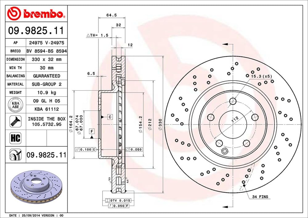 BREMBO 09982511C02 Brembo 09.9825.11 UV Coated vented drilled Front Brake Rotor MERCEDES-BENZ/MERCEDES-BENZ (BBDC) OE# A2304210812