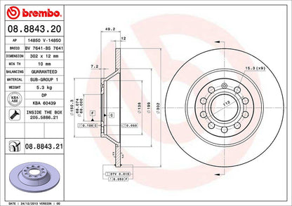 BREMBO 08884321C02 Brembo 08.8843.21 UV Coated solid Rear Brake Rotor AUDI/AUDI (FAW) OE# 4F0615601E